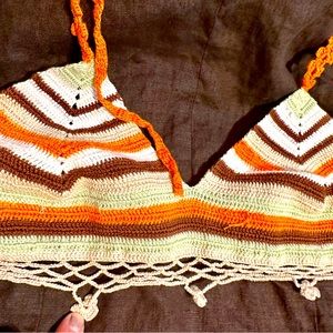 HERRY Istanbul - Linen Dress with CROCHET Halter Top Sz S - BROWN